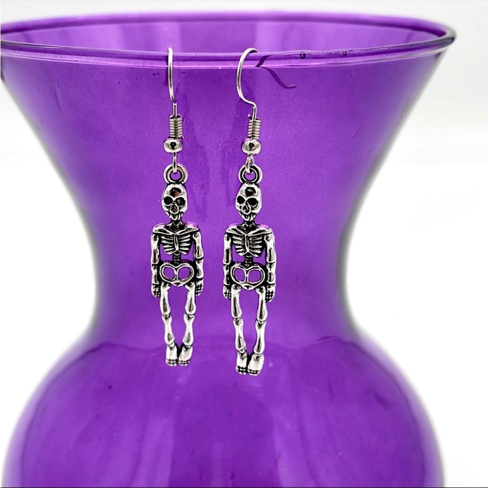 Silver Skeleton Fish Hook Drop Earrings
